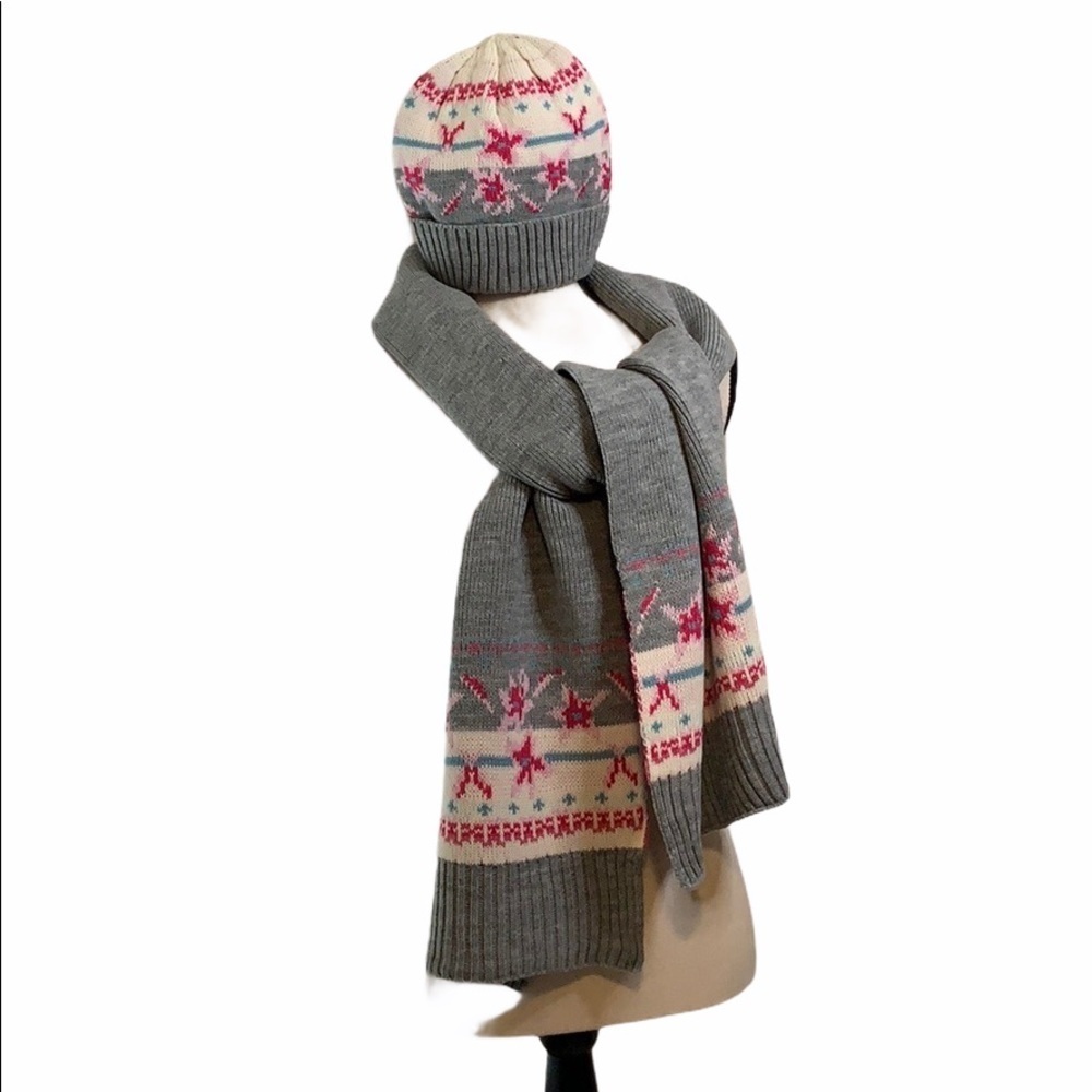 Winter Hat and Scarf Set Grey Pink